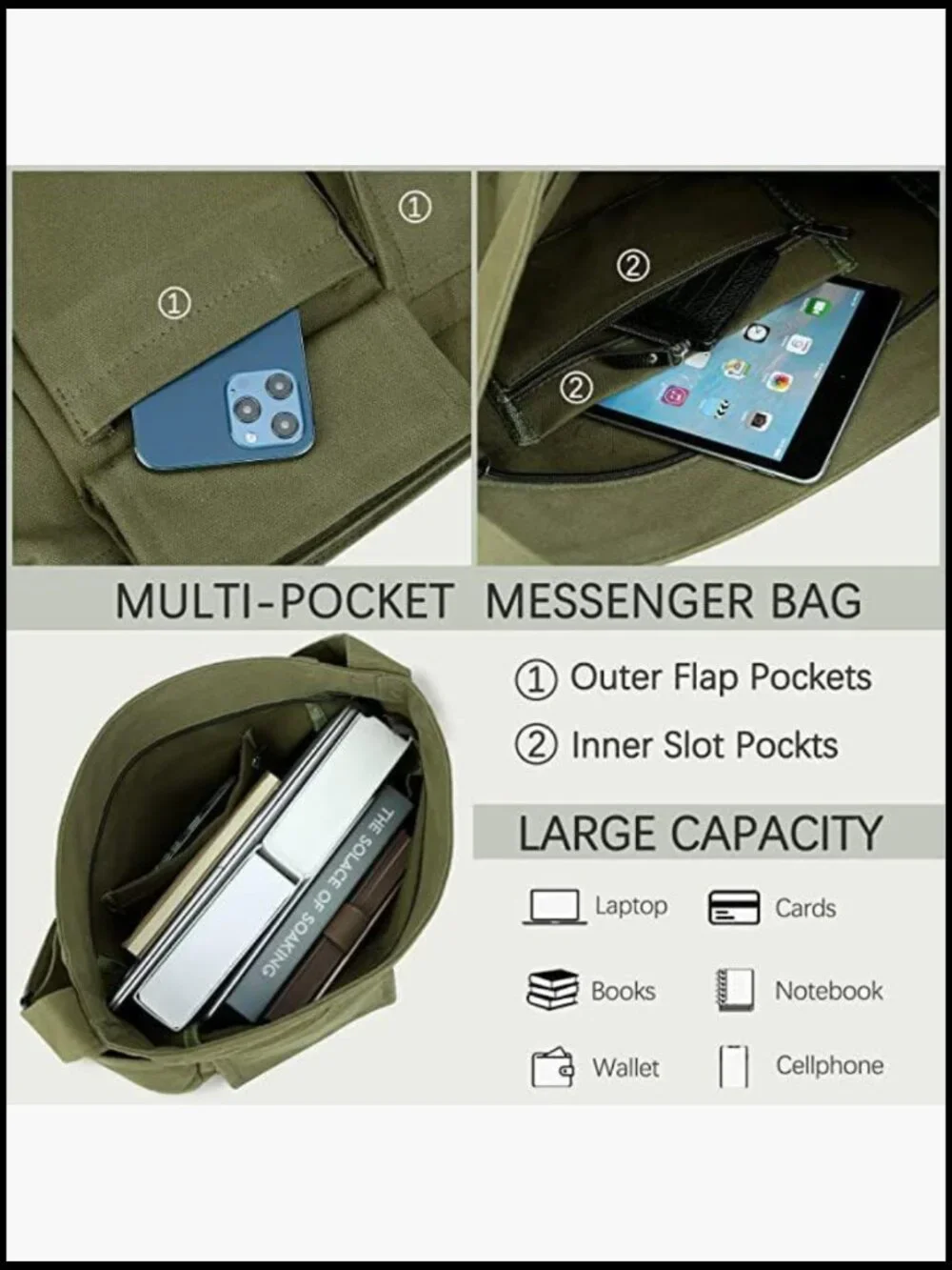 Canvas Messenger Bag Large Crossbody with Multiple Pockets Shoulder Tote for